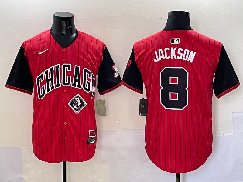 Men Chicago White Sox 8 Jackson Red Stripe Joint Name Nike 2025 MLB Jersey style 10